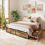 Lit plateforme avec 2 tiroirs de rangement, 4 points de fixation, grand lit avec tiroirs à grain de bois-336311308-336311299