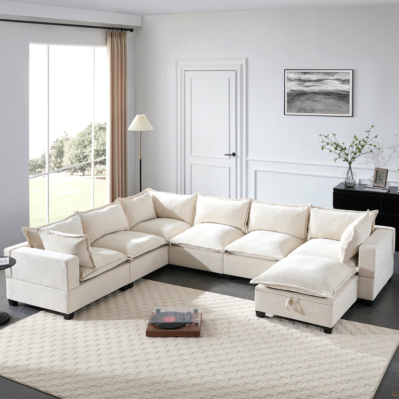Canapé modulaire de 117,5 po avec repose-pieds mobile et rangement, siège 7 places, Beige