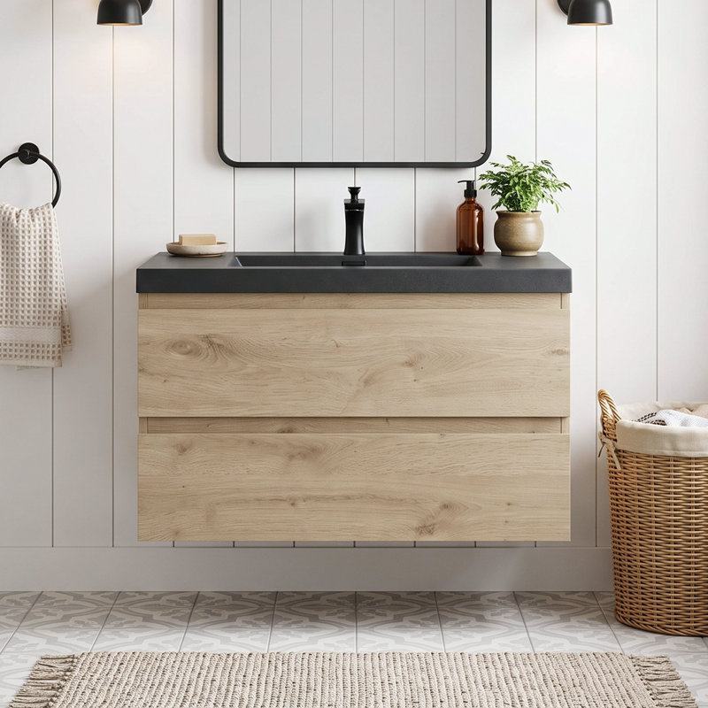 Meuble-lavabo mural en mélamine de bois de rose de 76 cm (30 po), résistant à l'usure, aux égratignures et à la porosité, surface facile à nettoyer, préassemblé.