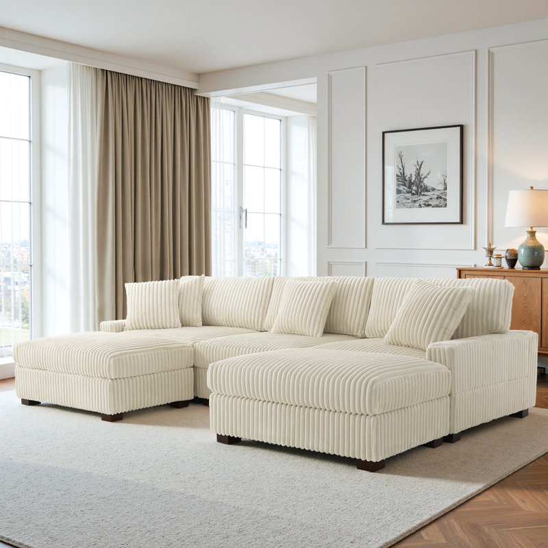 5 Seater Sectional, White Polyester/Foam Padding