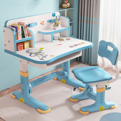 Small Desk, Desk Chair Set, Widened Desktop Multi Separation Cartoon Pattern Kids Adjustable Height Study Table With Drawer Chair (Blue)