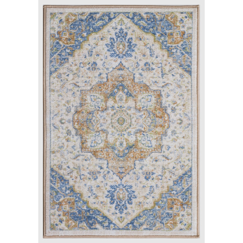 Lyanne Washable Non-Slip Medallion Blue Area Rug, Rectangle 2'2 x 3'3"