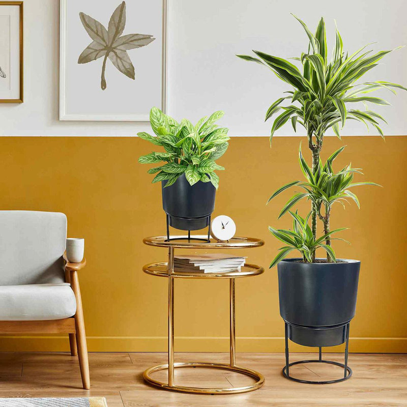 Set of 2 Concrete Effect Round Flower Pots on Metal Stands, Round Indoor Plant Pot Stands for Indoor Plants: D24 H35 cm, with Inner Top D20 cm + D30 H50 cm, with Inner Top D26 cm
