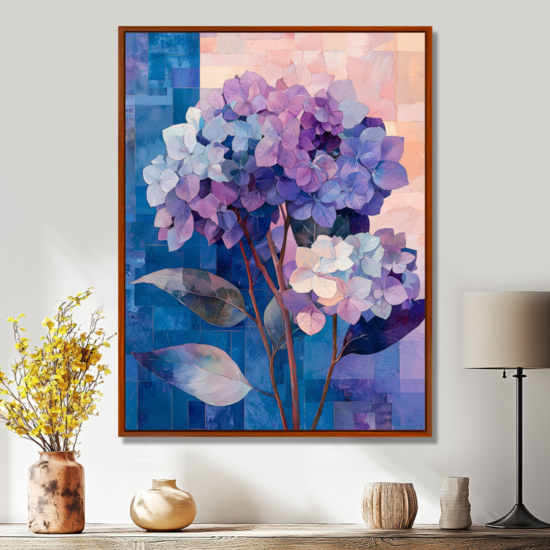 Collage abstrait floral d'hortensia III - hydrangées, art mural, H 20 po x l 12 po, Reproduction avec cadre flottant, Brun