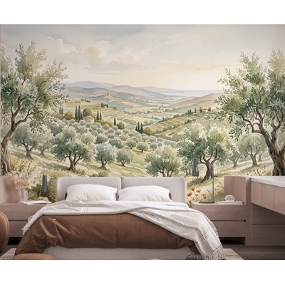 Papier peint paysage toscan, aquarelle, oliveraie, papier peint campagne italienne, décor mural méditerranéen, autocollant 1201DRS
