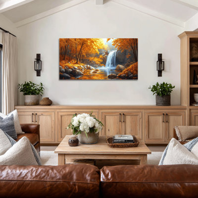 Art mural grand paysage d'automne - Scène de cascade d'automne, reproduction d'art sur toile encadrée, 24 x 48 po