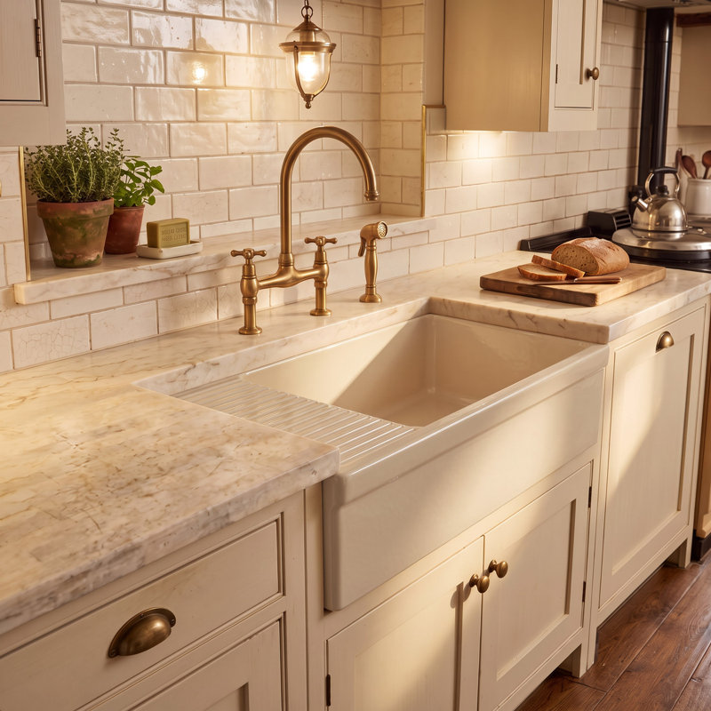 Fireclay Reversible Sink with Integral Drainboard and Decorative 2 ½" Lip on Both Sides, Glossy Biscuit
