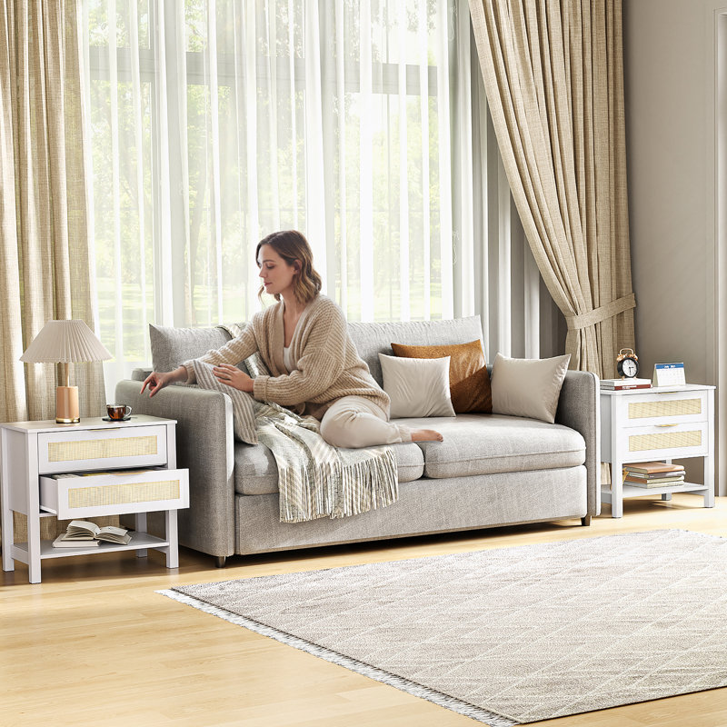 Table de chevet étroite en rotin avec 2 tiroirs et tablette de rangement Boho, Blanc
