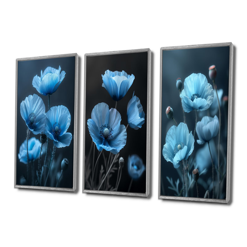 Bleu, noir, nature, Nuance, coquelicots I - Collection de reproductions sur toile Poppies, H 28 po x l 36 po, Argent argent