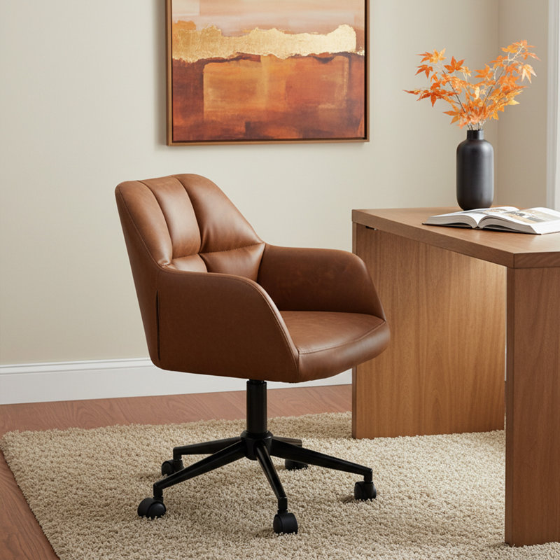 Comfy Faux Leather Desk Chair Modern Computer Task Chair Swivel Accent Chair With Mid Back Arm Chair For Living Room/Bedroom/Home Office