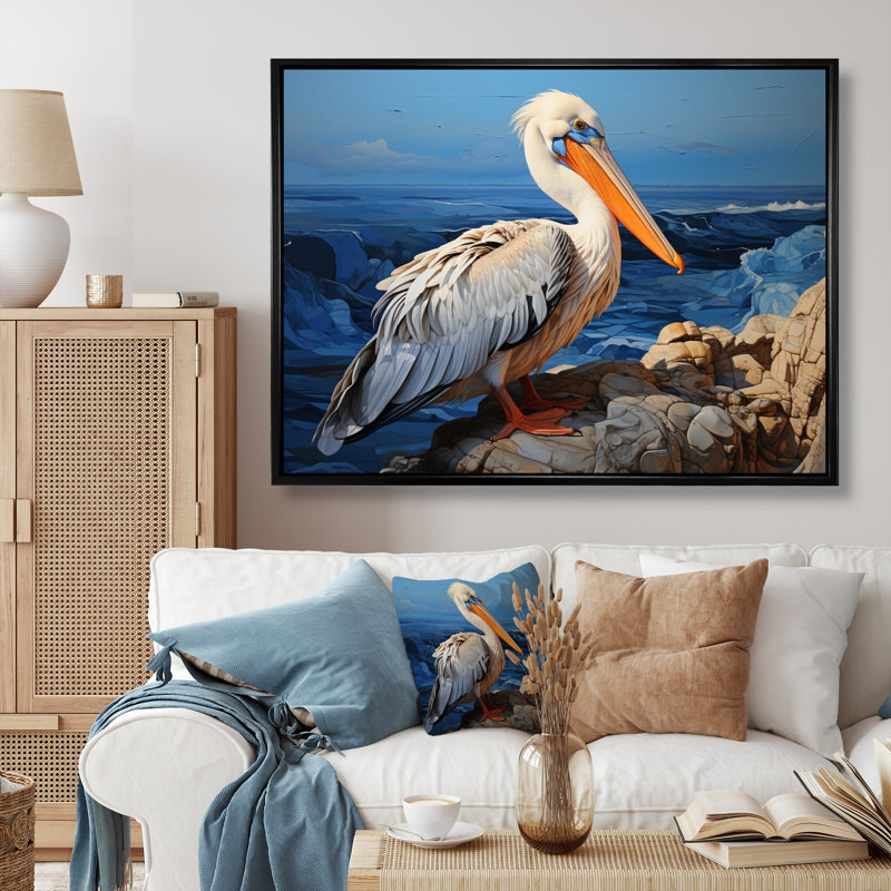 Grey Pelican Pelicans Perch - Animals Wall Decor, Cadre flottant noir, H 16 po x l 32 po x P 1 po