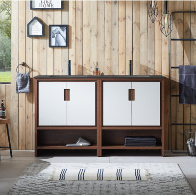 Tomesia 60" Natural Walnut Veneer plywood Bathroom Vanity with Engineered Black Stone Top
