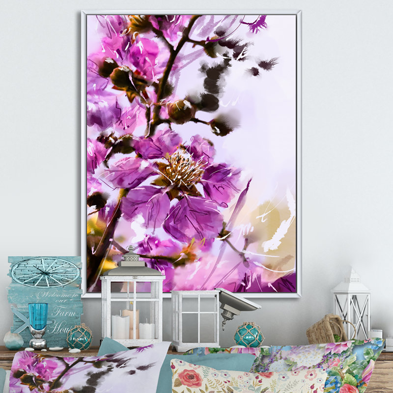Fleurs mauves II - Peinture, H 20 po x l 12 po x P 1 po, Cadre flottant blanc