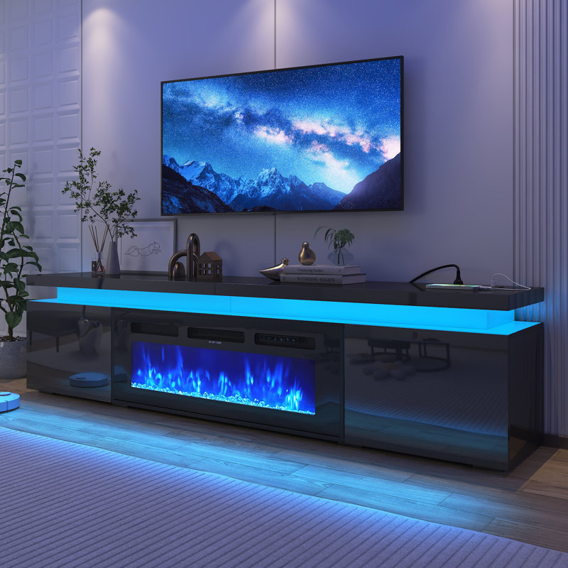 LED TV Stand With 40" Fireplace For Tvs Up To 80", Charging Station/Power Outlet Included, Black, 20.4''H x 70.9''L x 15''W