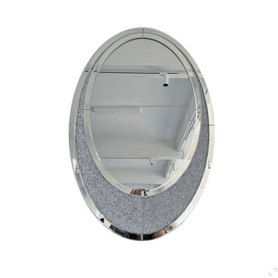 Oval Wall Mirror Crushed Diamond Inlay Sparkly Silver Mirror Framelesscrystal Accent Mirror With Crushed Diamondborder, Silver Glass Decorative Mirror For Bathroom Bedroom Entryway Fireplace Mantel