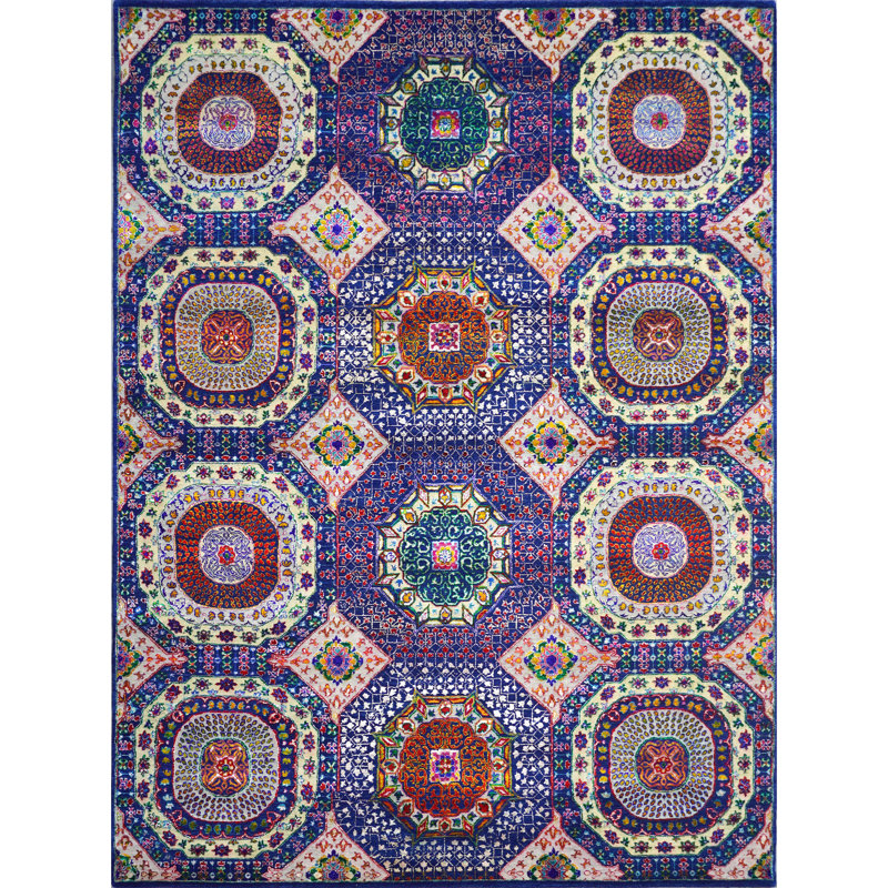 Hand Knotted Geometric Area Rug in Red/Purple/Pink/Navy, Rectangle 9' x 12'