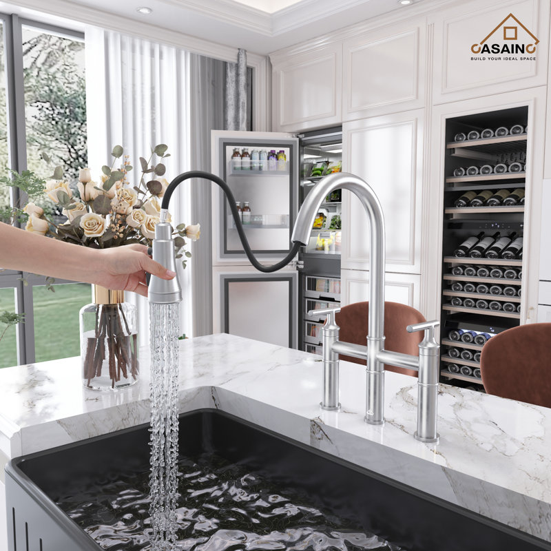 Brushed Nickel Double Handle Bridge Kitchen Faucet with Pull-out Spray