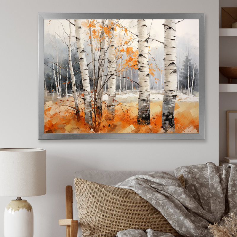 " Orange Brich Wood In Winter II ", 16" H x 32" W x 1" D, Silver Single Picture Frame