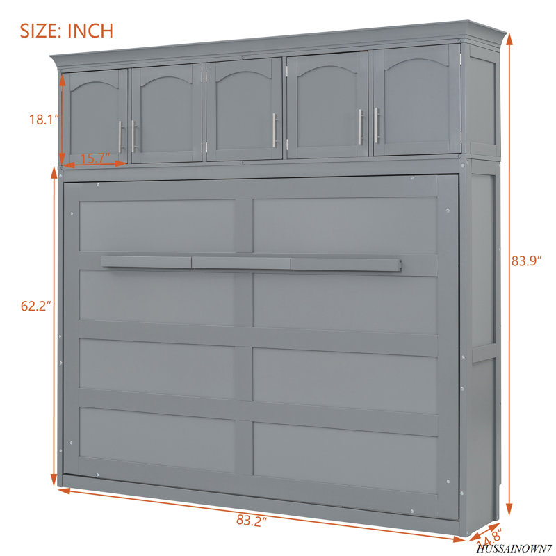 Murphy Bed Wall Bed With Top Cabinets, Gray, Full