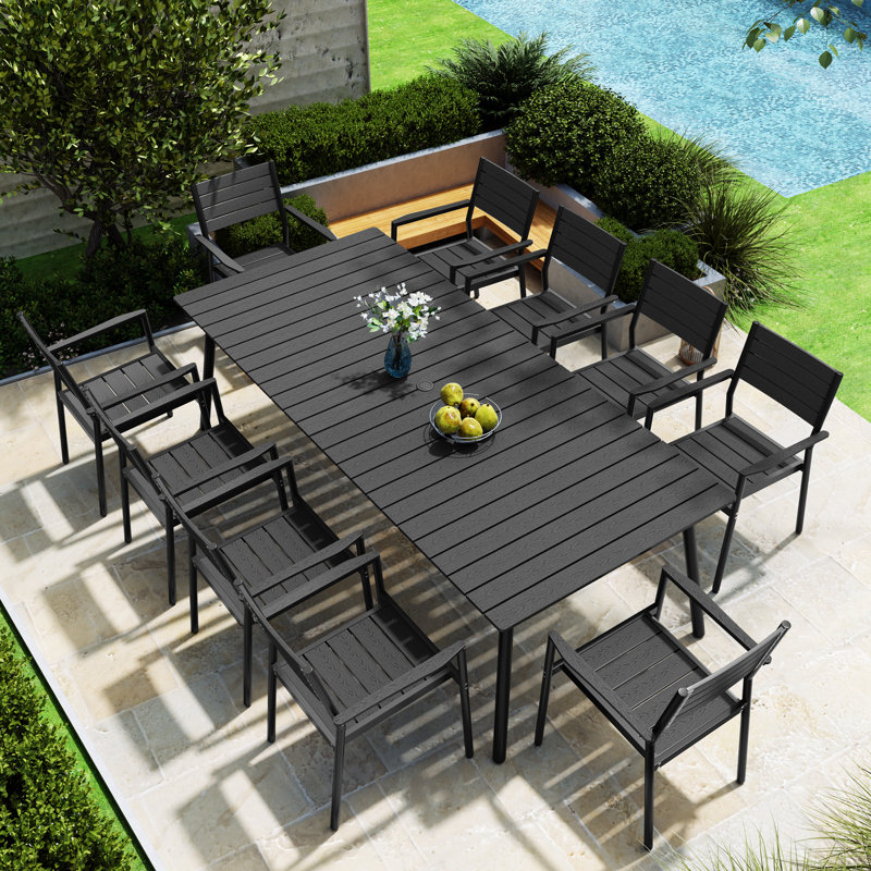 Cyanni 10 - Person Rectangular Outdoor Dining Set with Umbrella Hole, Black, 10
