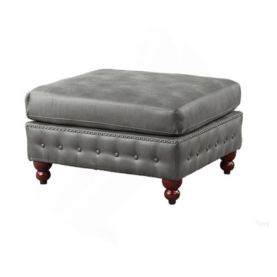 1Pc Cocktail Ottoman Slate Gray Breathable Leatherette Tufted Nailhead Wooden Legs Living Room Furniture