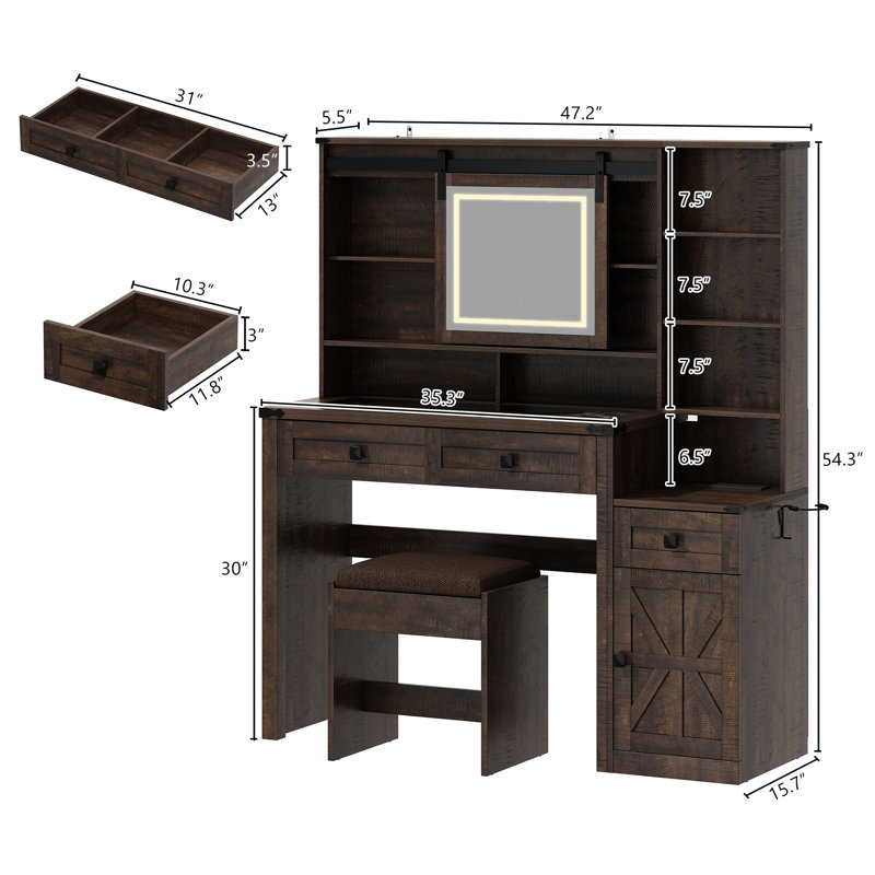 Barn Door Makeup Vanity Set with Lighted Mirror & Socket