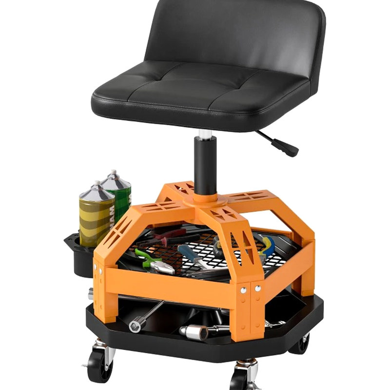 Adjustable Height Garage Stool With 360 Smooth Movement, 300 Lbs Capacity, 2 - Tier Storage And Comfortable Padded Seat 31.7" 36.4" Height, , Limit Tool Tray