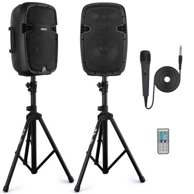 Système de sonorisation portatif sans fil Pyle - Haut-parleurs d'extérieur avec paire de haut-parleurs passifs et passifs compatibles Bluetooth 1000W W / USB SD MP3 AUX - Support 35 mm, 2 supports, microphone, télécommande - Pyle PPHP1049KT