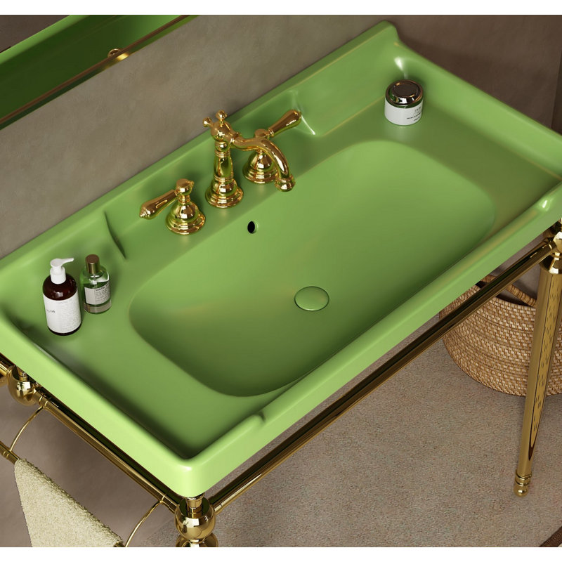 Bathroom Console Sink With Towel Bar And Stainless Steel Support Legs, Ceramic Basin With 3 Pre-Drilled Faucet Holes
