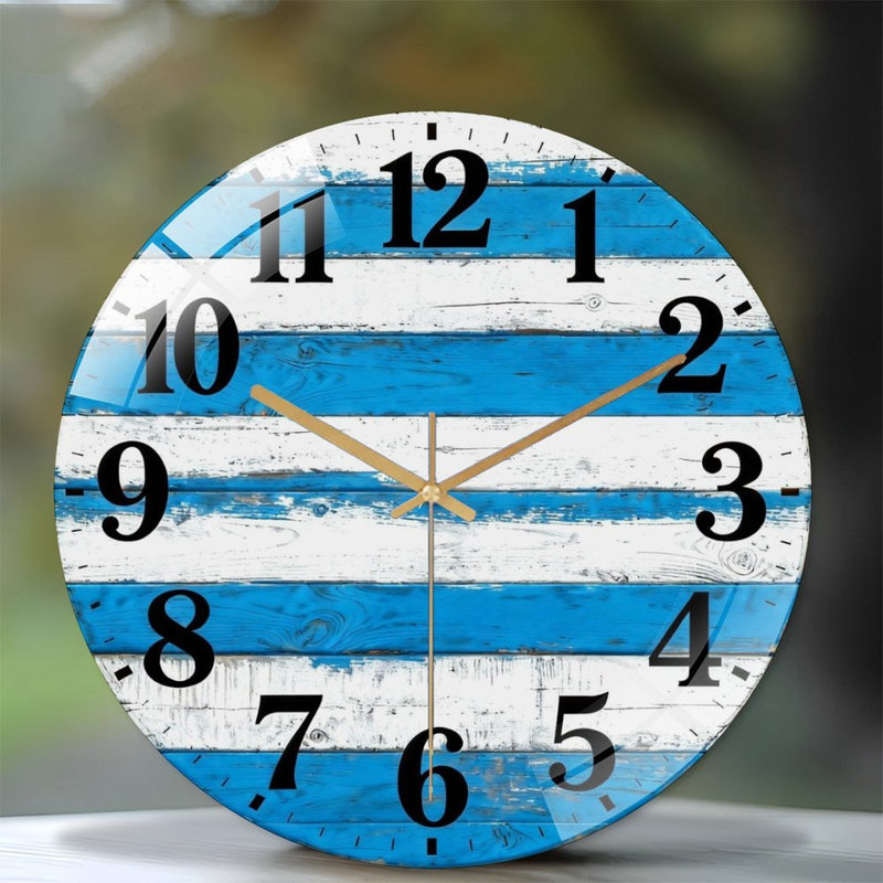 Horloge murale 12 po ronde en verre trempé avec mouvement à quartz silencieux, Bleu et blanc