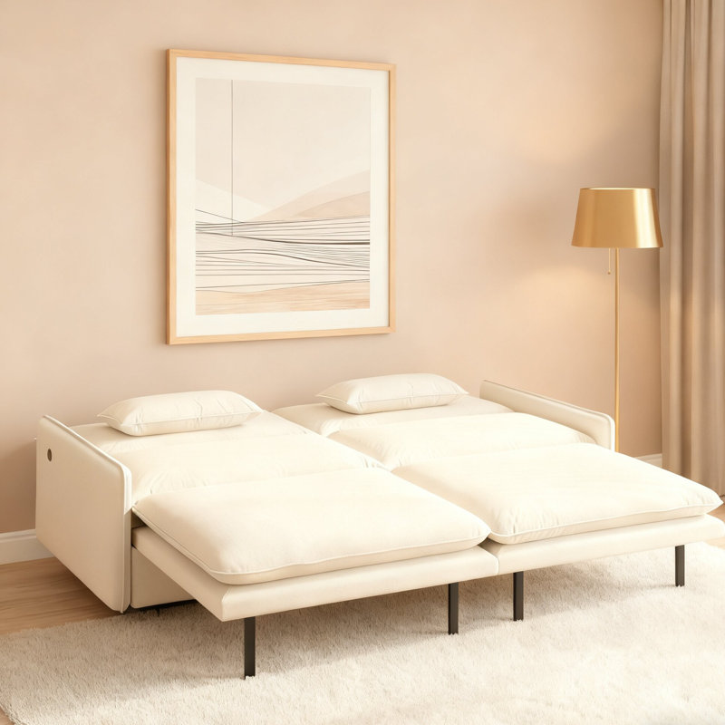 Canapé-lit convertible moderne en chenille 4 places avec rangement, oreillers et ports USB, Beige