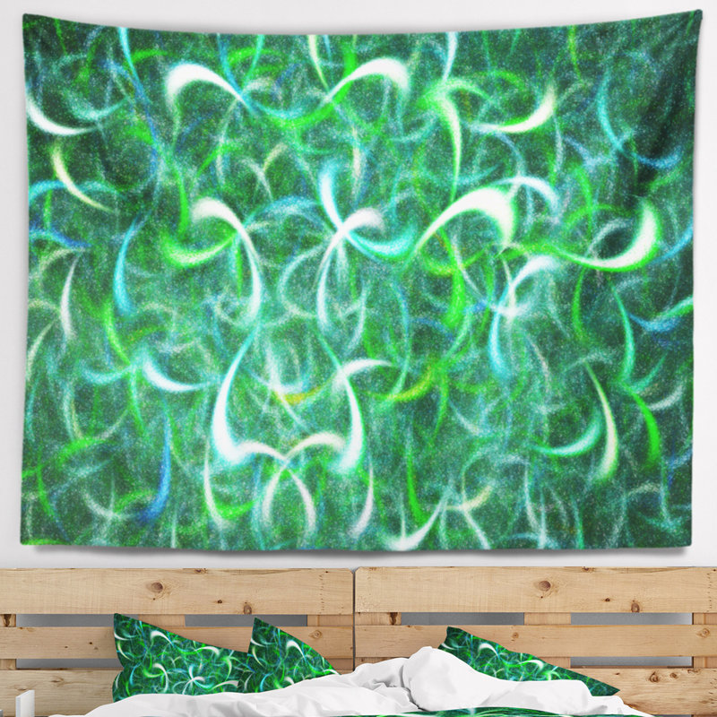 Tapisseriee abstraite d’art fractal vert aquarelle, H 68 po x l 80 po
