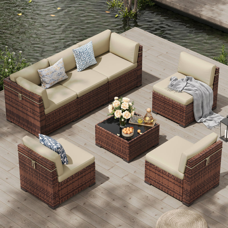 7 Pieces Patio Furniture Set, Outdoor Furniture Sectional Rattan Sofa With Slanted Back, Beige, Brown