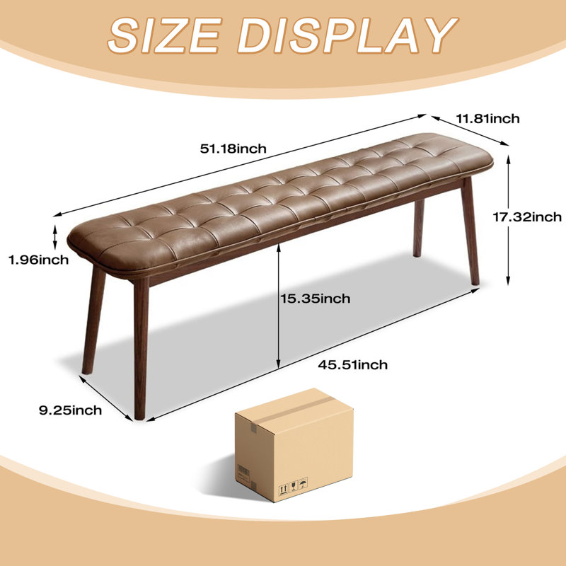 Banc de table en bois de chêne naturel pour salle à manger avec coussin en cuir, Brun