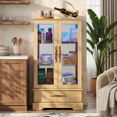 Eyisean 47" LED Curio Cabinet with Customizable Color Lights, Vintage Glass Display Cabinet with 3-Tier Adjustable Glass Shelves, Acrylic Mirrored Back Pane, Elegant Design China Cabinet for Living Room, Study Room, Kitchen