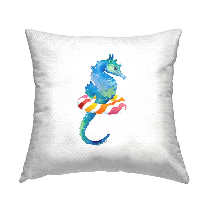 Coussin extérieur bleu à motif hippocampe et rayures rouges par Lanie Loreth
