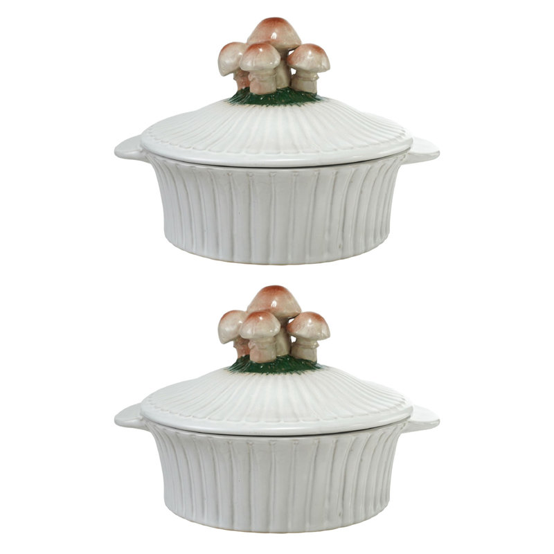 Hand-Painted Stoneware Fluted Bakers With Mushroom Motifs