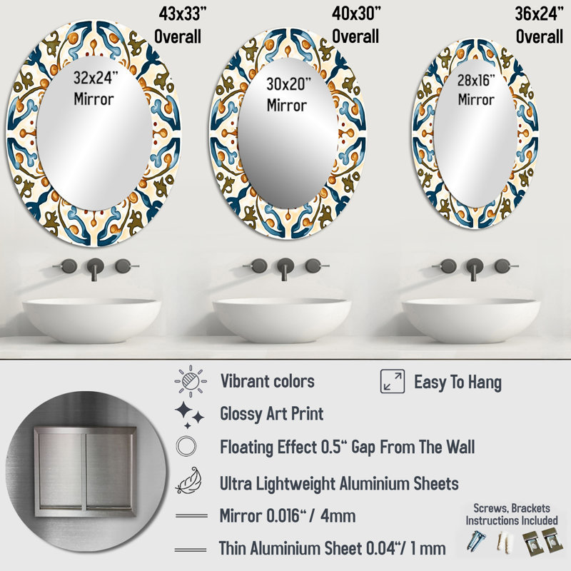 Mediterranean Tiles In Retro Blue III - Blue Modern Oval Wall Mirror, 36" x 24"