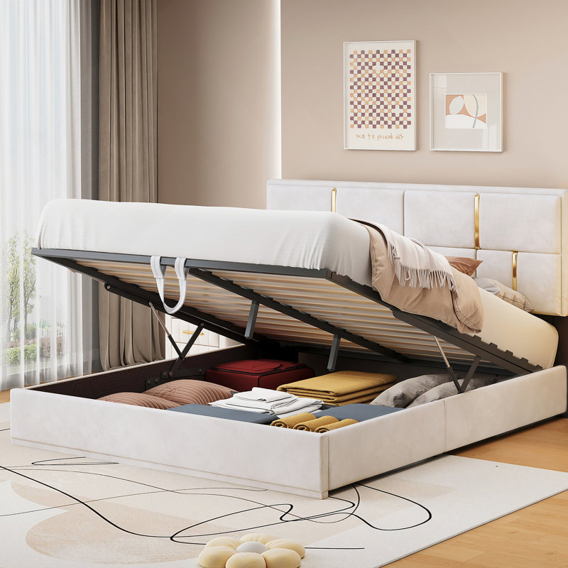 Upholstered Platform Bed with Hydraulic Storage System, Beige