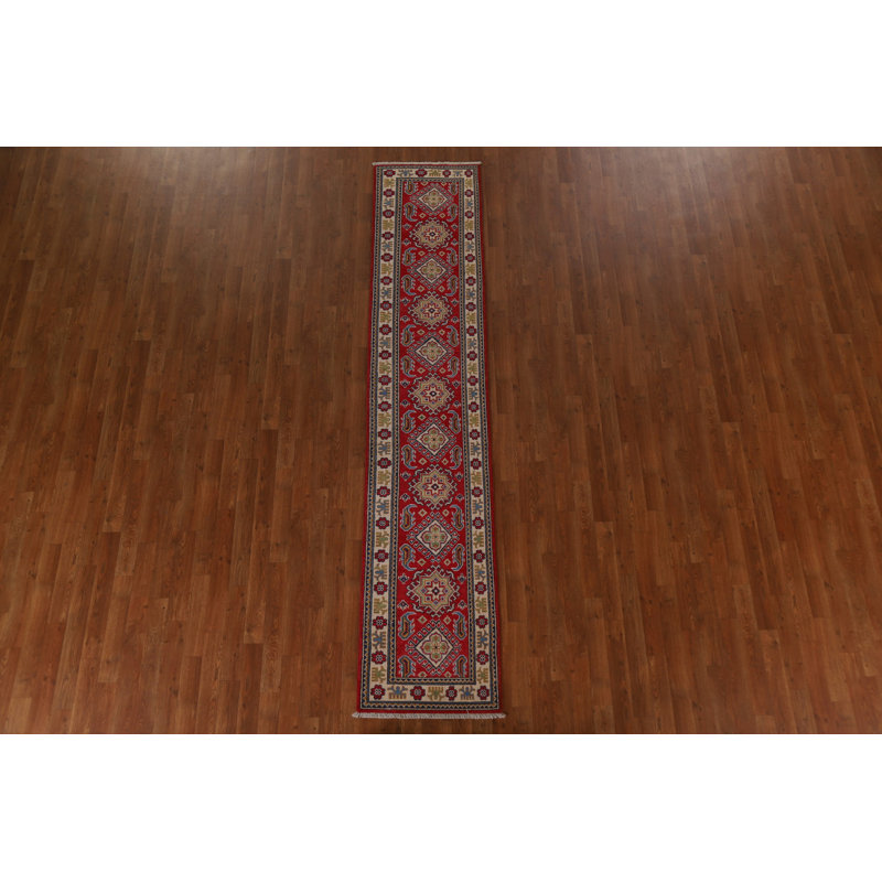 Tapis de couloir unique en laine noué à la main 2 pi x 9 pi 8 po nouvel âge en rouge / or / vert