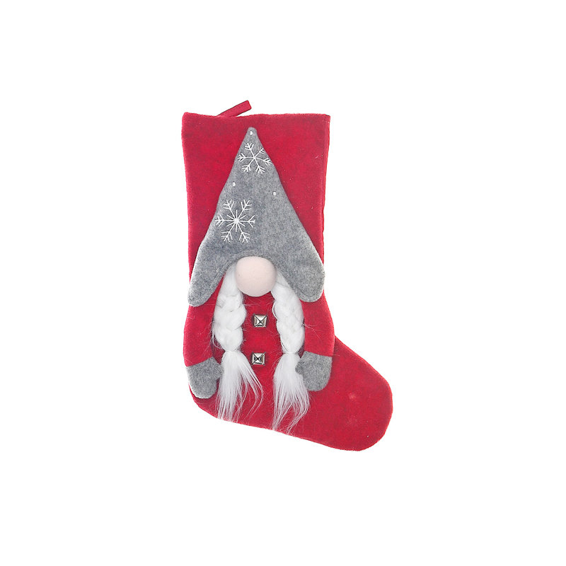 Red Polyester Christmas Stocking with Snowflake Gnome Design