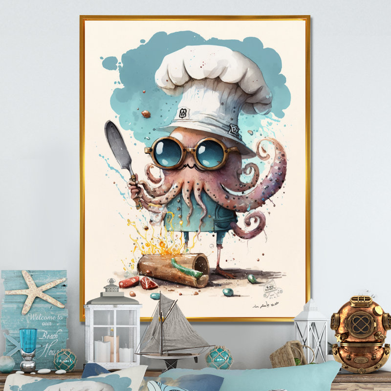 " Octopus In The Kitchen ", 40" H x 30" W, Silver Floater Framed