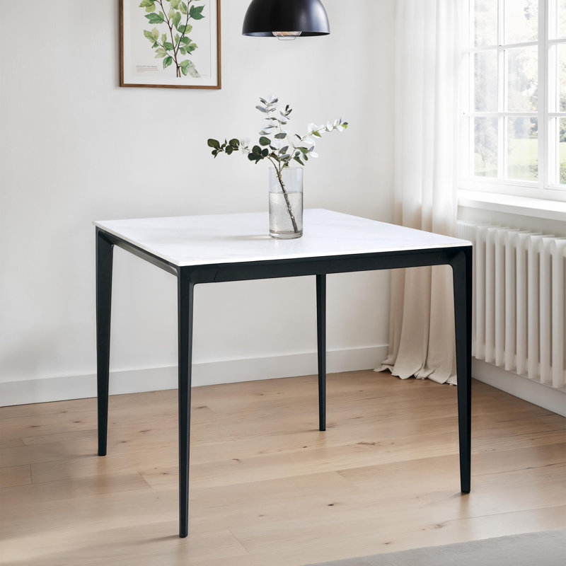 Dagon Stone Top Metal Base Dining Table, H74 x L80 x W80cm, White Marble
