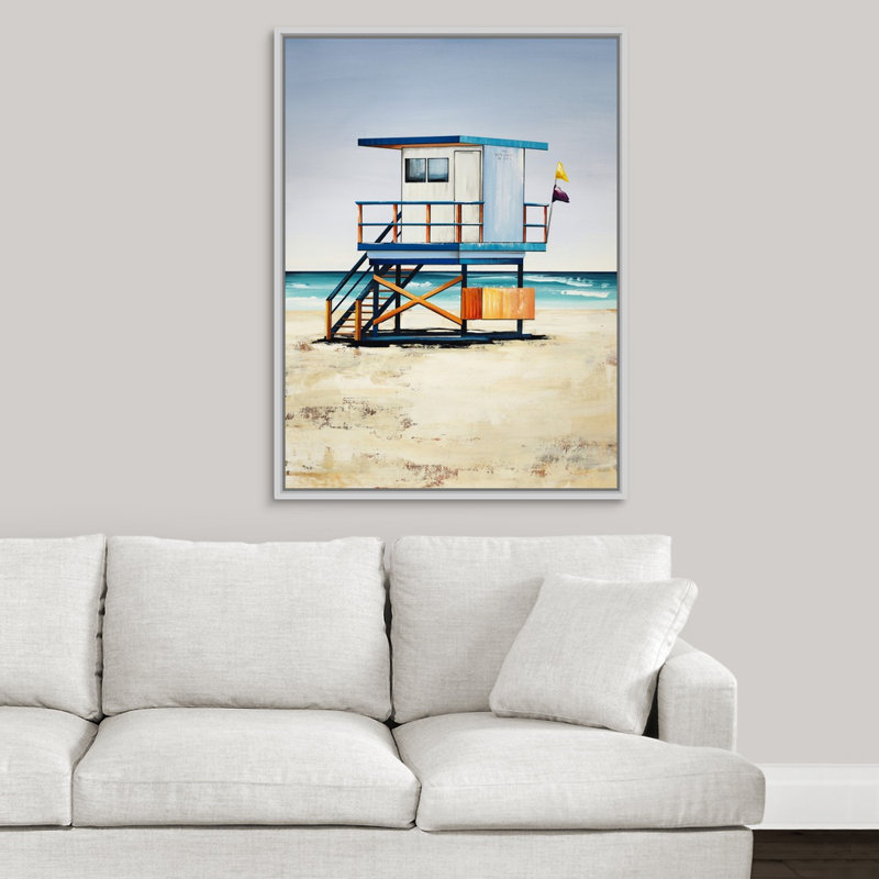 « lifeguard on duty i », peinture sur toile, H 41,7 po x l 31,7 po x p 1,75 po, Cadre flottant blanc