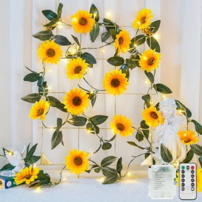 Guirlande de tournesol artificielle avec 60 guirlandes lumineuses à DEL, vignes avec guirlandes lumineuses à piles, luminaires suspendus à fleurs pour intérieur, extérieur, chambre à coucher, mariage, fête (blanc chaud)