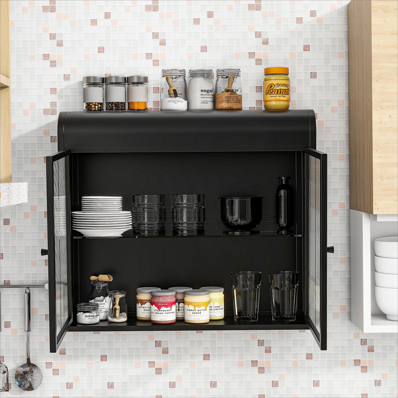 Armoire de rangement murale en métal à 2 portes avec portes et tablettes en verre trempé pour la salle de bain, la cuisine, le salon et le bureau