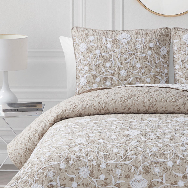 White and Tan Floral Vine Reversible Microfiber Twin Quilt Set
