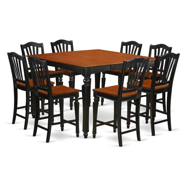Ensemble de table de salle à manger à hauteur de comptoir 9 pièces comprenant une table carrée en bois avec rallonge papillon et 8 chaises de salle à manger, 54 x 54 pouces, noir et cerise