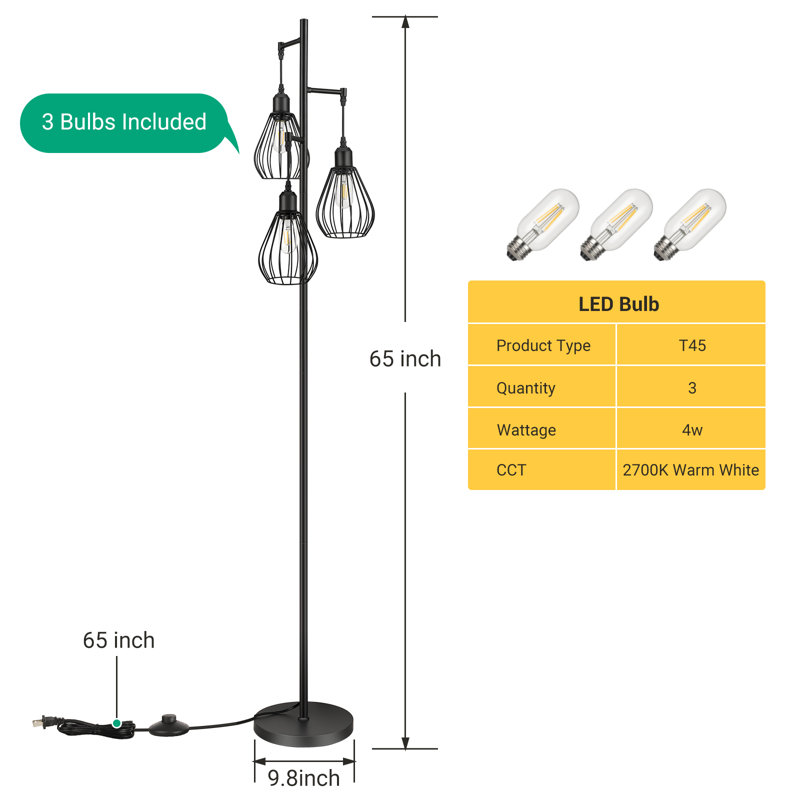 Majewski 3-Light 65.5" Tree Floor Lamp with bulbs included, Black