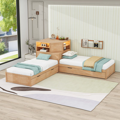 Lit plateforme simple et simple à 2 tiroirs en bois avec lit gigogne et tablettes